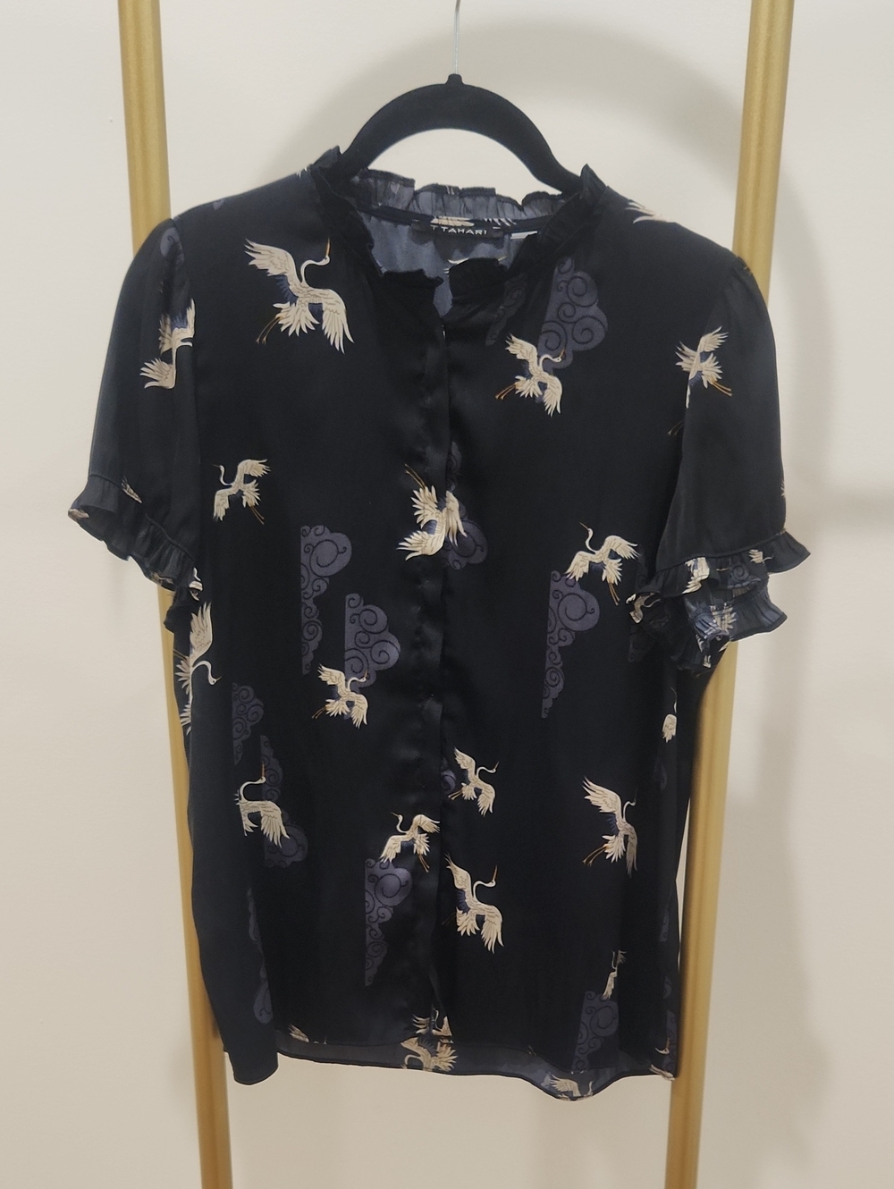 Tahari Navy Crane-Print Short Sleeve Ruffle Blouse